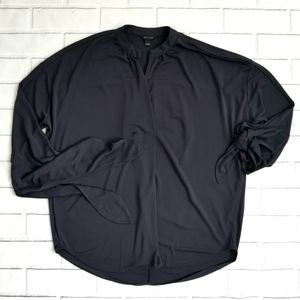 ANN TAYLOR Navy Split Neck Tie Sleeve Blou…